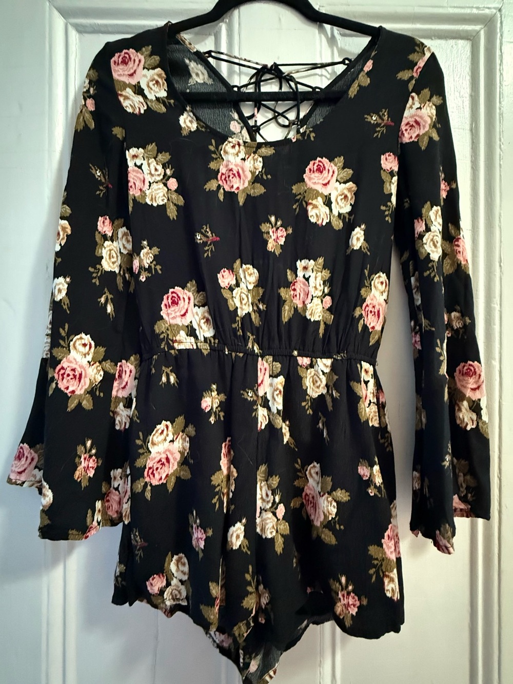 Forever 21 Black Long-Sleeve Floral Romper with Pink & Cream Roses